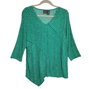 Chicos Travelers Green White Striped Asymmetrical V-Neck Tunic Top Size 3 XL